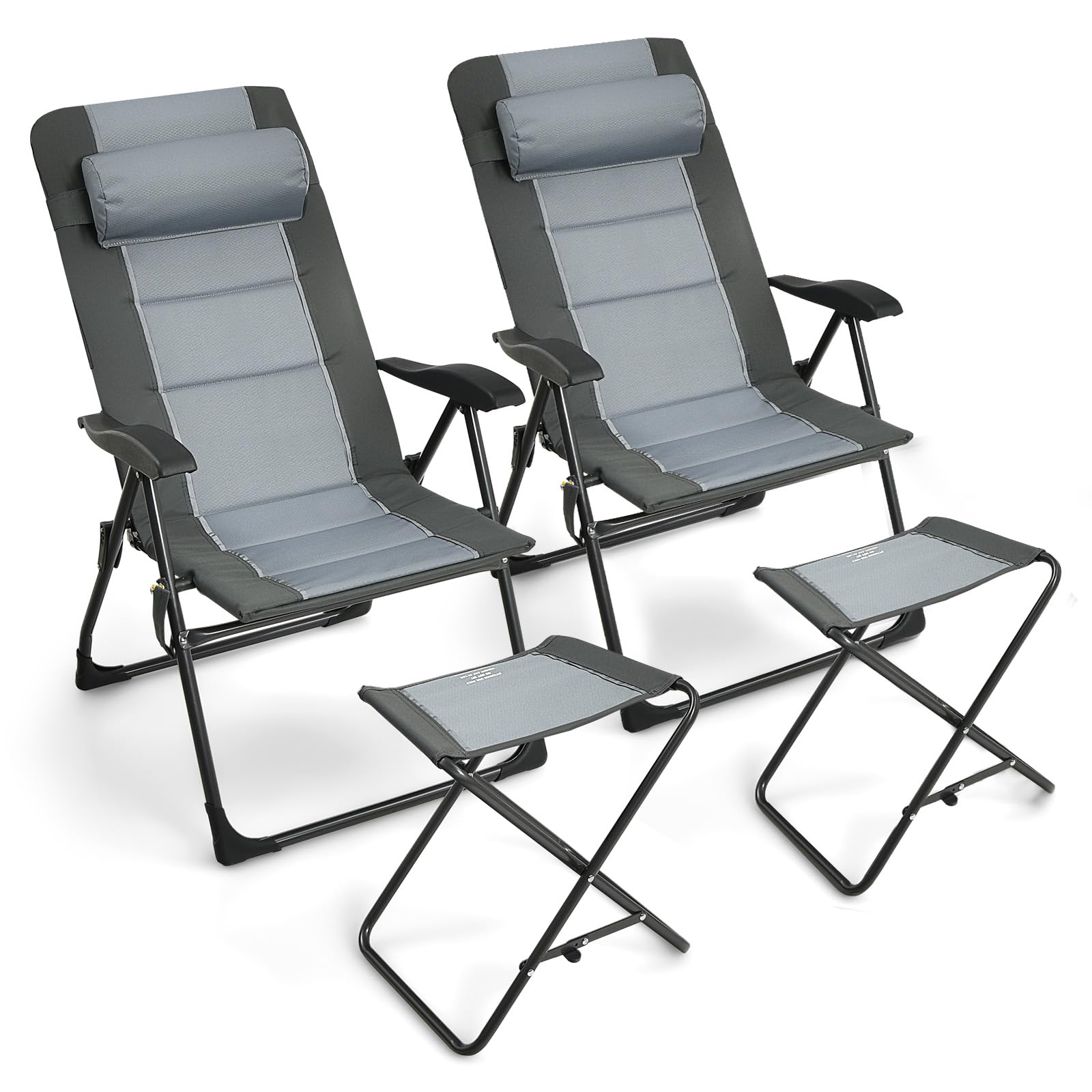 Lot de 2 chaises pliantes de patio et pouf Tangkula, ensemble de chaises de salle à manger de jardin rembourrées avec dossier réglable sur 7 niveaux